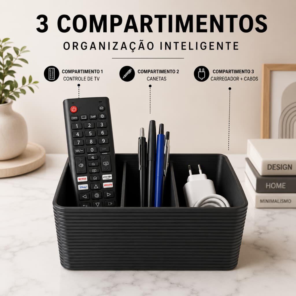 Porta Caneta Preto Organizador de Mesa Para Escritório Sala Quarto Multiuso 3 Compartimentos em 3D
