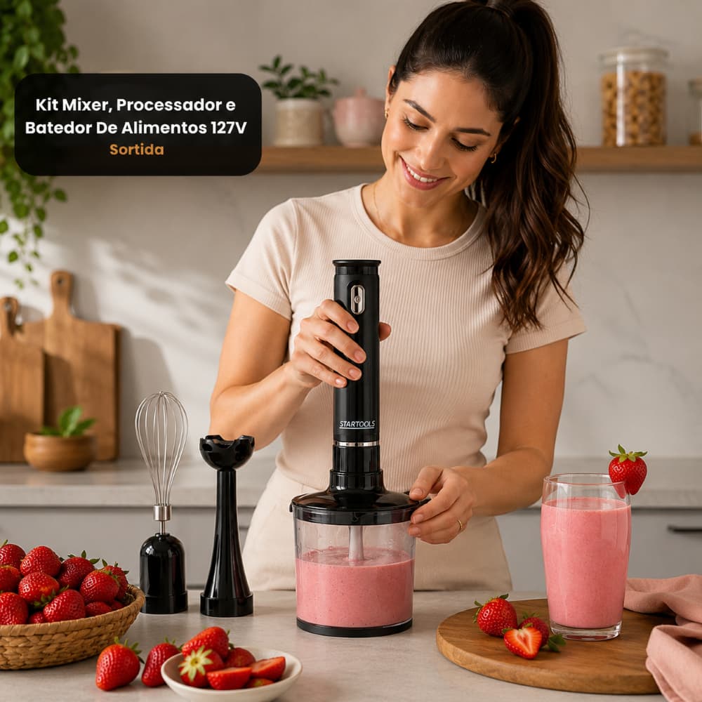 Kit Mixer 3 em 1 Portátil – Mixer + Processador + Batedor Alimentos Multifuncional Cozinha Prática