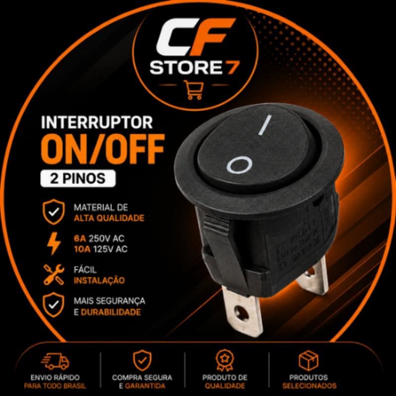 1 Peça - Interruptor Gangorra Redondo ON/OFF 2 Pinos Chave Liga Desliga Universal 6A 250V Preto
