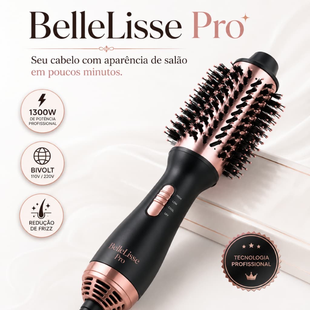 Escova Secadora Alisadora Modeladora 1300W Bivolt Anti Frizz Alta Potência BelleLisse Pro