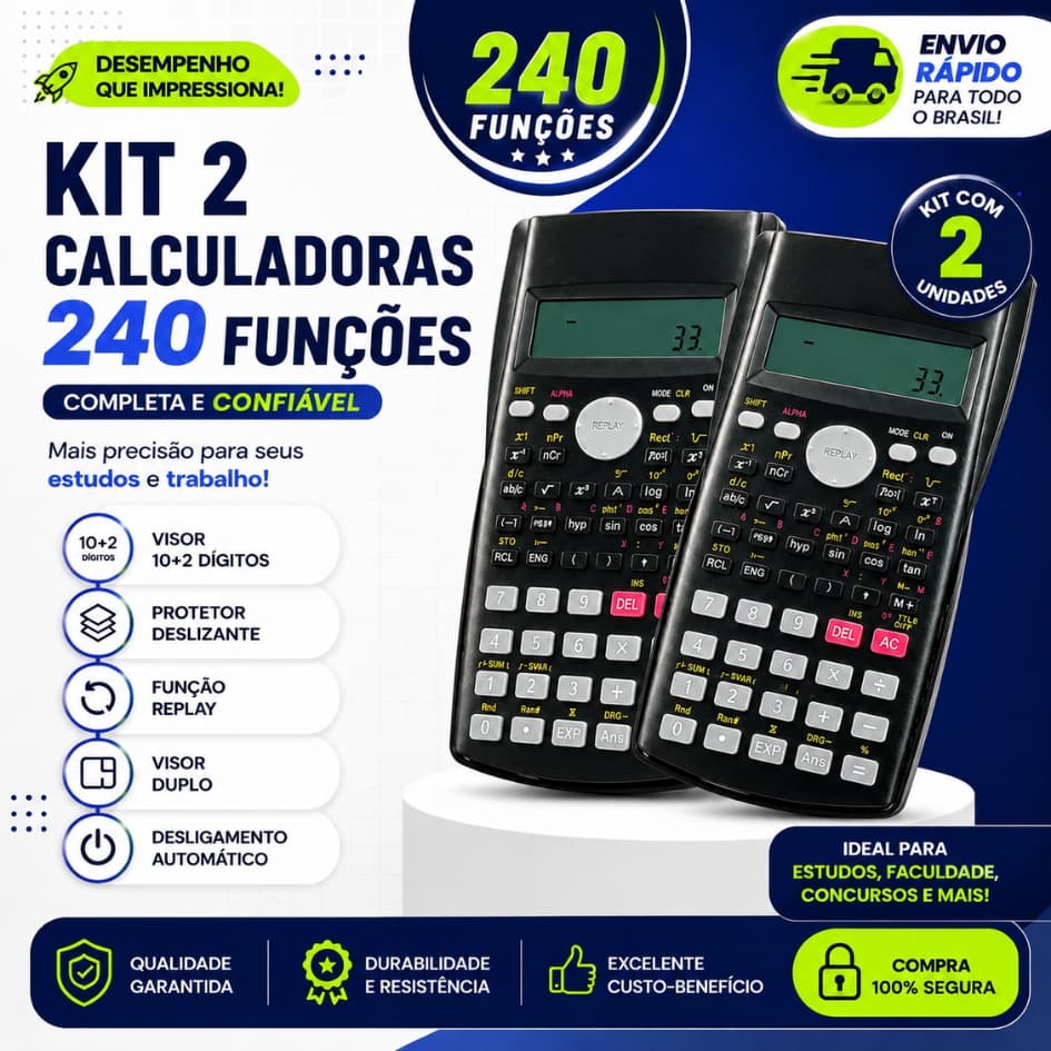 KIT 1/2 Calculadora 240 Funções Cientifica A Pilha Financeira Matemática Escolar Faculdade Trabalho 2 Linhas Barata
