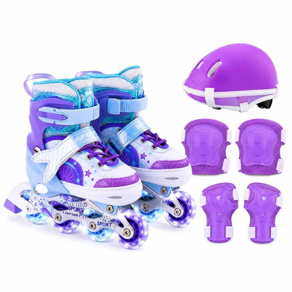 Patins Roller Sereia Com Led Roxo + Kit Proteção