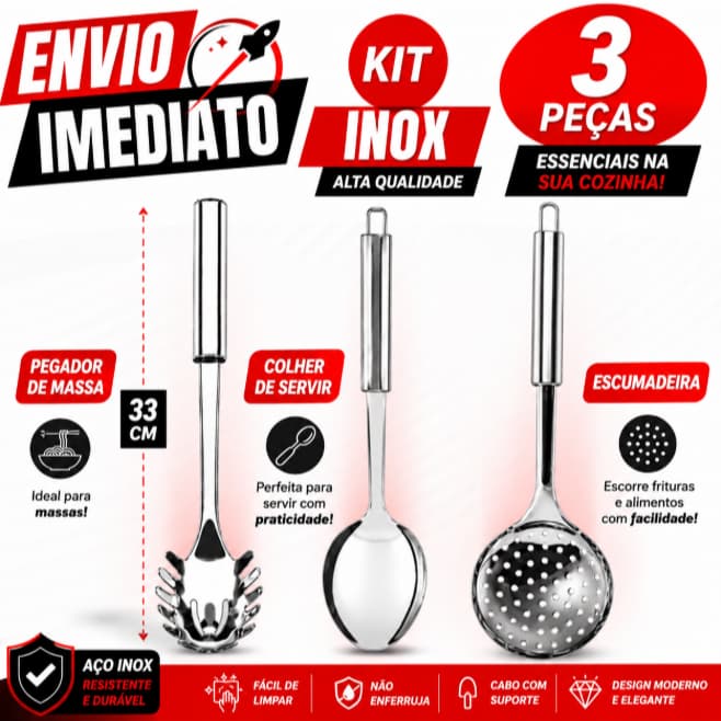 Kit C/ 3 Peças Utensílios De Cozinha Em Aço Inox Escumadeira Colher De Arroz Pegador De Massa