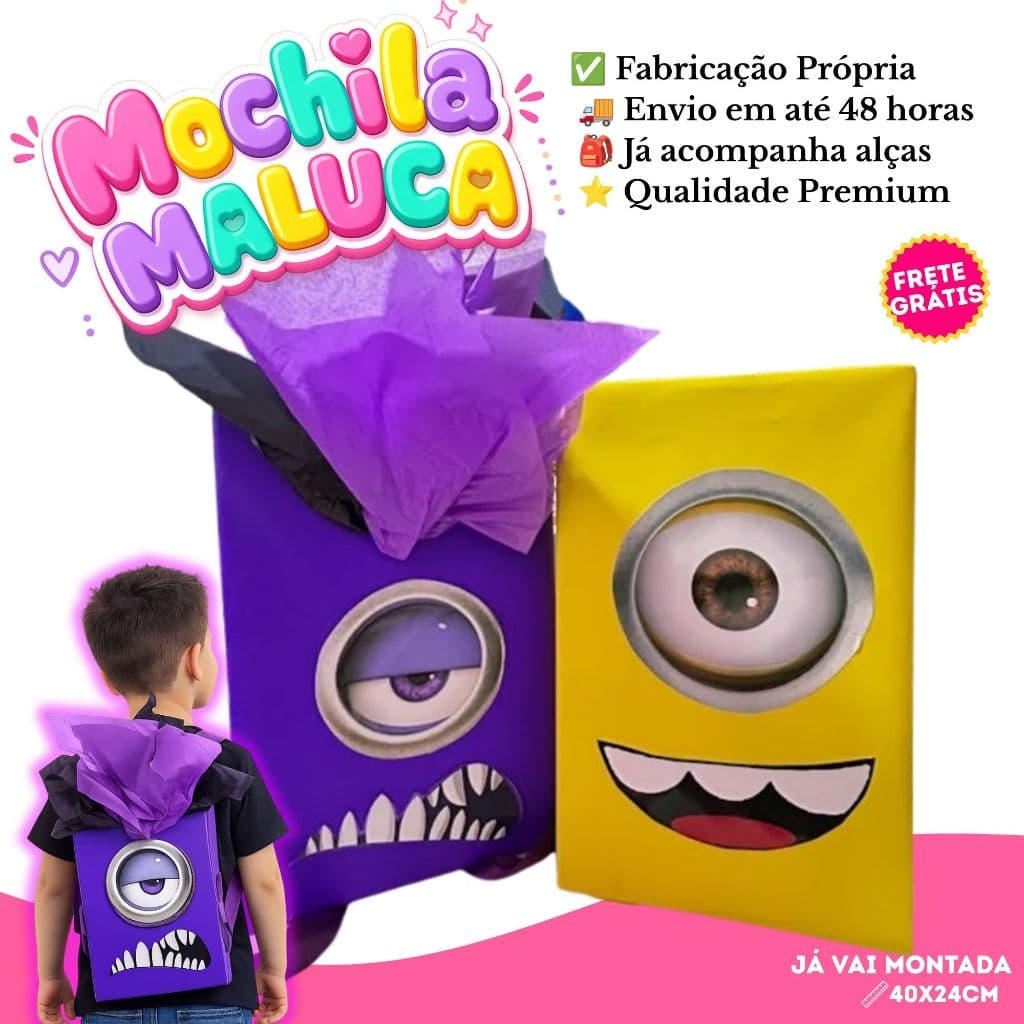 Mochila Maluca Minions Infantil 40x24xcm l Já Pronta - Envio 48 horas