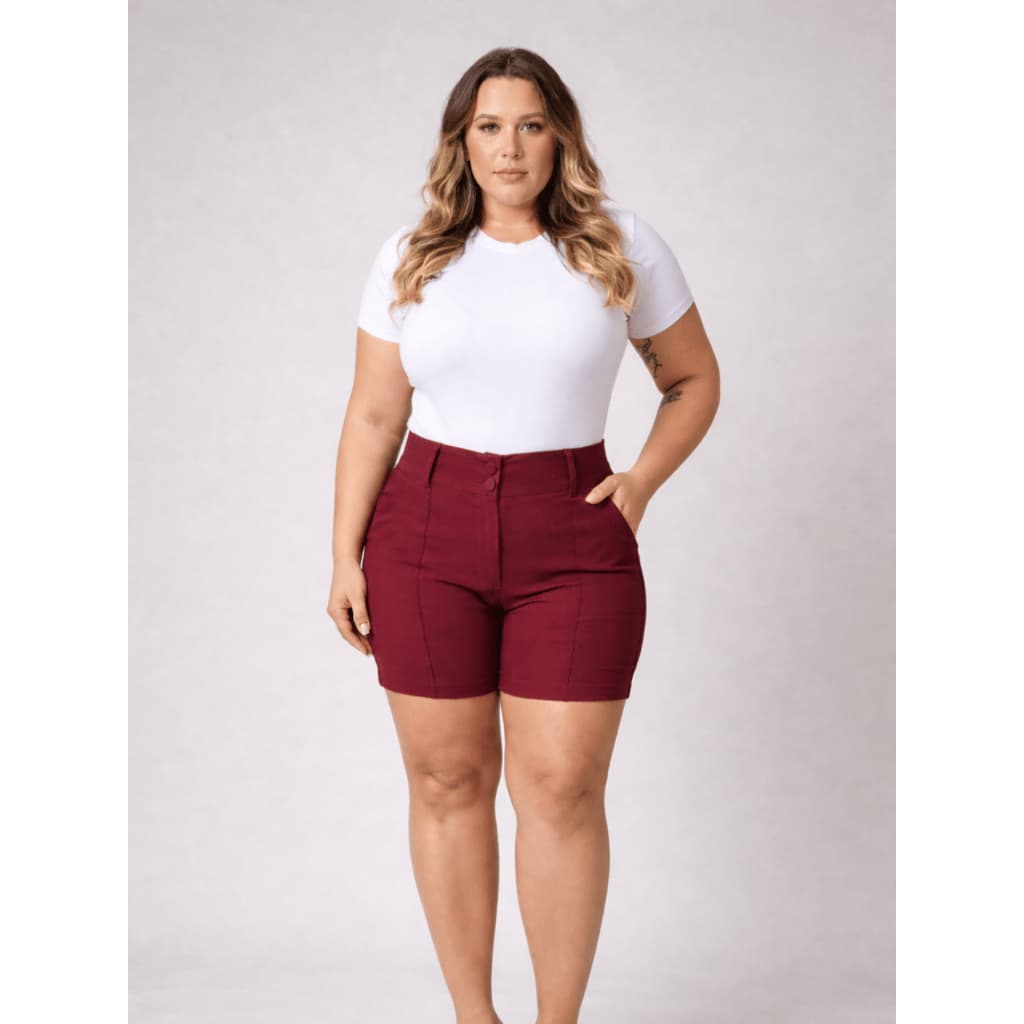 Shorts Social Plus Size Feminina Com 2 Botões Cintura Alta Alfaiataria Tecido Bengaline 42 ao 52