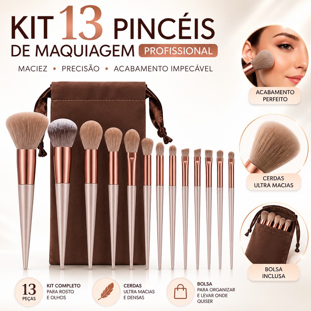 Kit 13 Pçs Pincéis de Maquiagem Profissional Completo para Base Contorno Blush e Sombra
