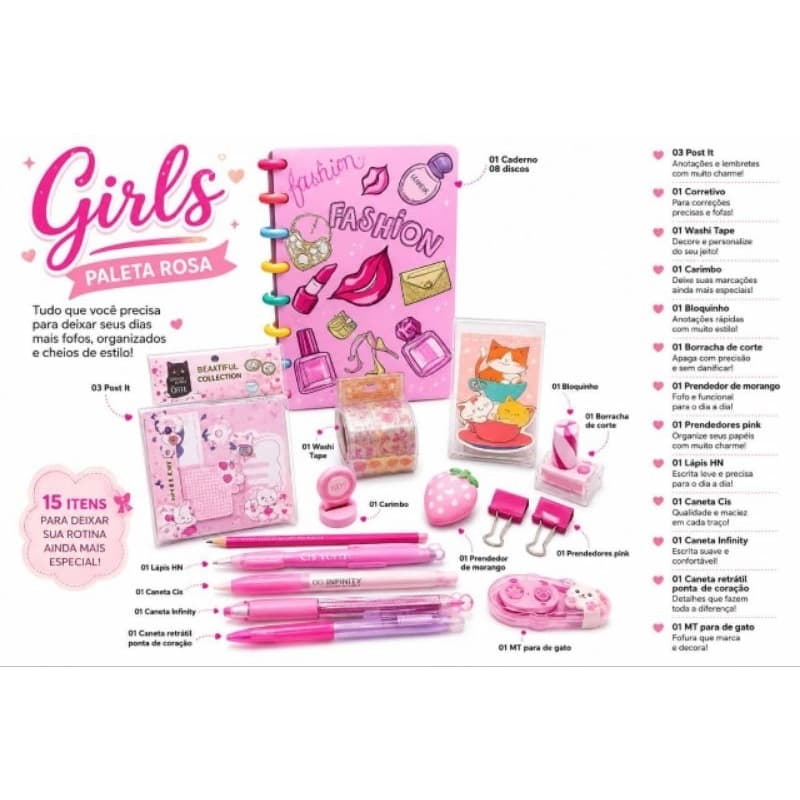 Kit Papelaria Lilás Completo Caderno Disco + 11 Post-it Coração Canetas Washi Tape Escolar Presente