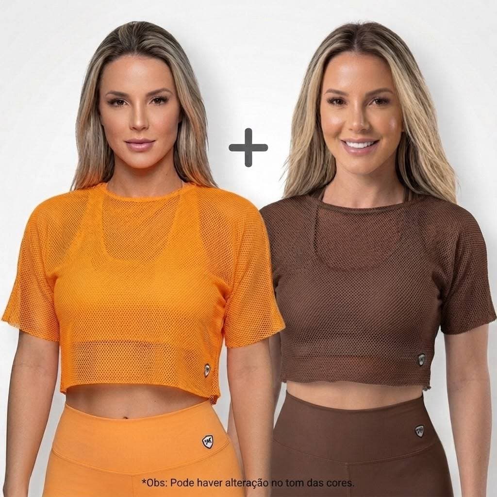 KIT 2 BLUSAS CROPPED FEMININA MARROM LARANJA TELA TRANSPARENTE ACADEMIA FITNESS TREINO SOBREPOSIÇÃO