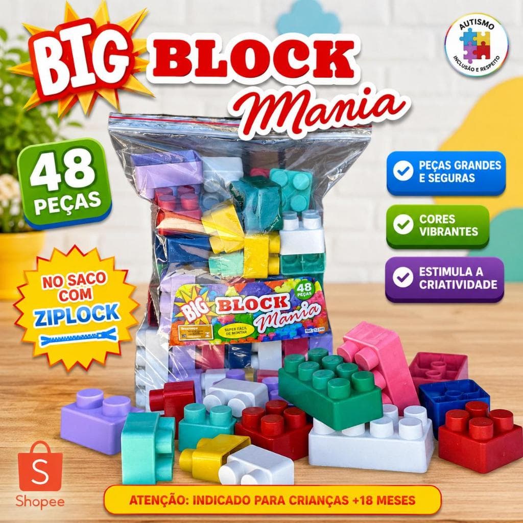 Blocos De Montar 48 Peças Grandes Coloridas Na Embalagem Plástica Ziplock - Brinquedo Presente Infantil + 18 Meses
