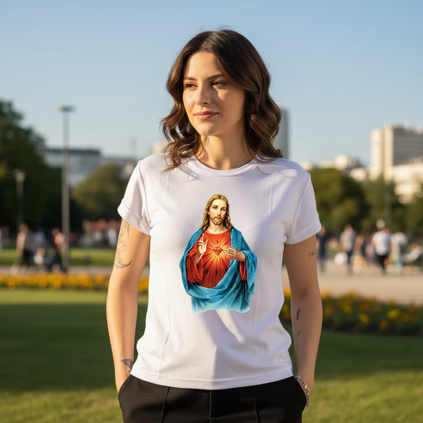 Camiseta T Shirt 100% Algodão Feminina Estampa Sagrado Coração De Jesus Ótima Qualidade