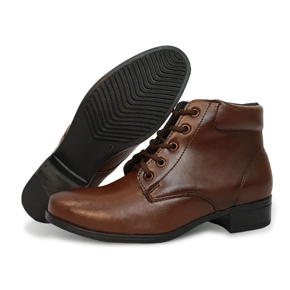 Bota Coturno Feminino Cadarço Salto Baixo Cano Curto Detalhes Couro Sintético Lançamento Ref202