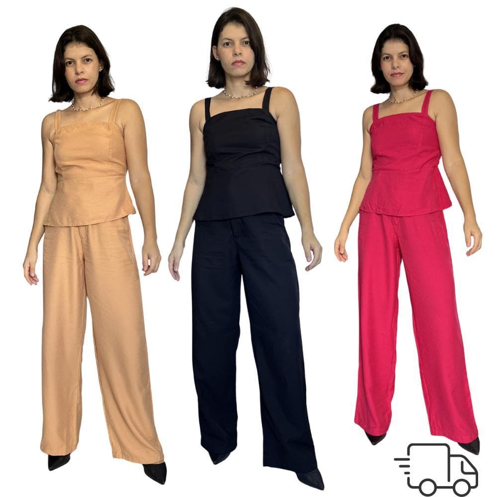 Conjunto Feminino Alfaiataria Calca Pantalona Blusa sem Manga Marrante Sensorial