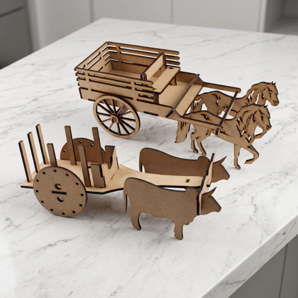 Kit 1 carro de boi 26,5 cm 1 carroça com cavalo 25 cm centro de mesa mdf cru decoração festa fazendinha country cachepot