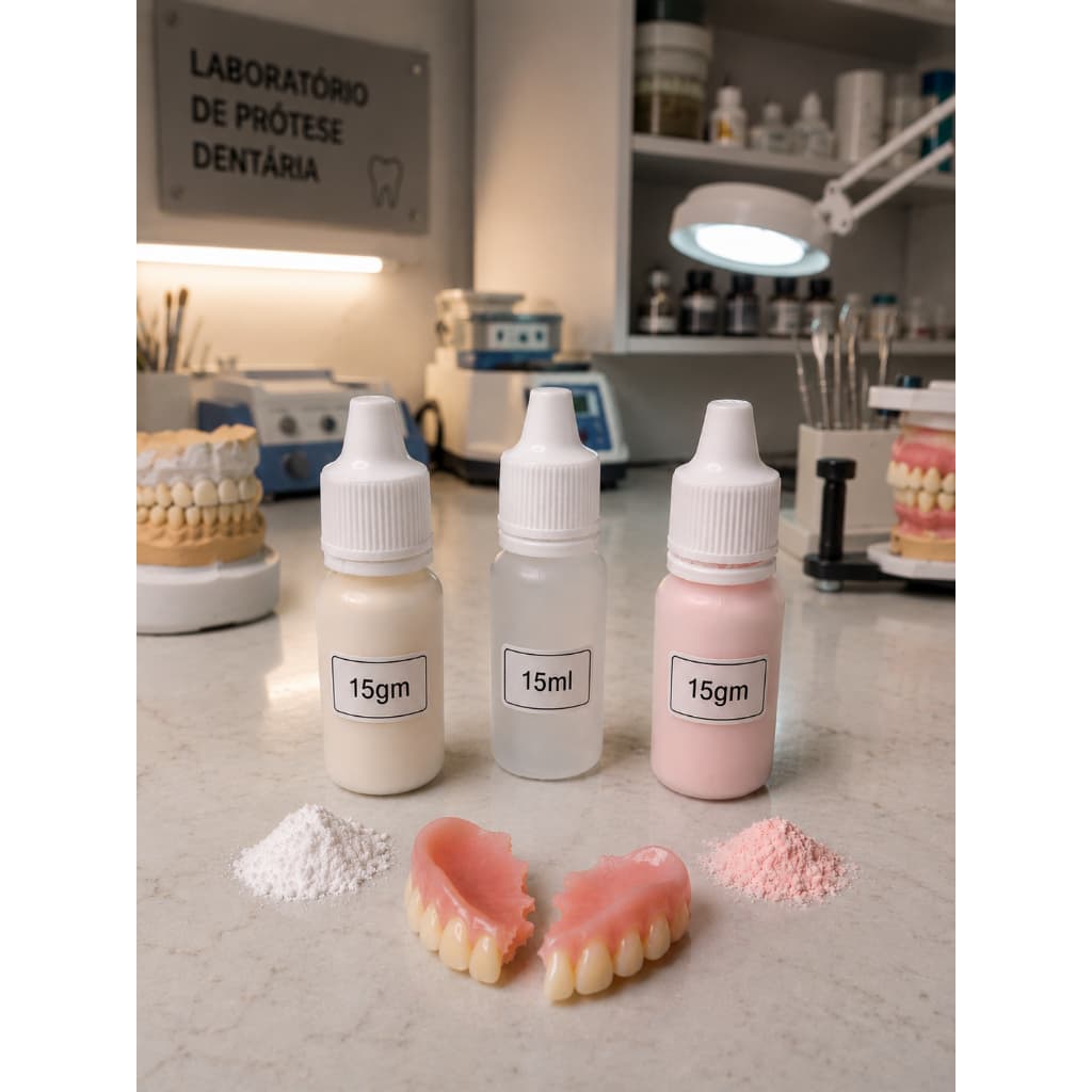 Cola para dentadura ( Kit: 15ml Liquido Auto + 15gm de Pó rosa + 15gm de Pó incolor )
