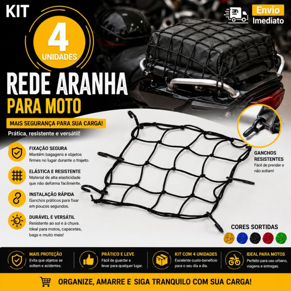 Rede Elástica Aranha Para Motos/ Bagageiro 35x35 Preta/ Vermelha/ Azul / verde