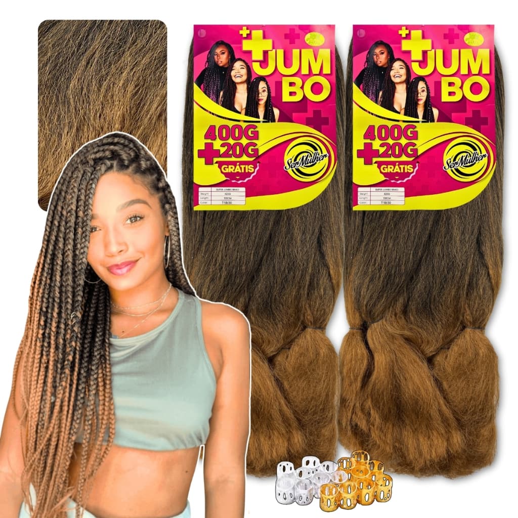 Kit 2 Cabelo Jumbo Jumbão Tranças Box Braid Ser Mulher + anéis