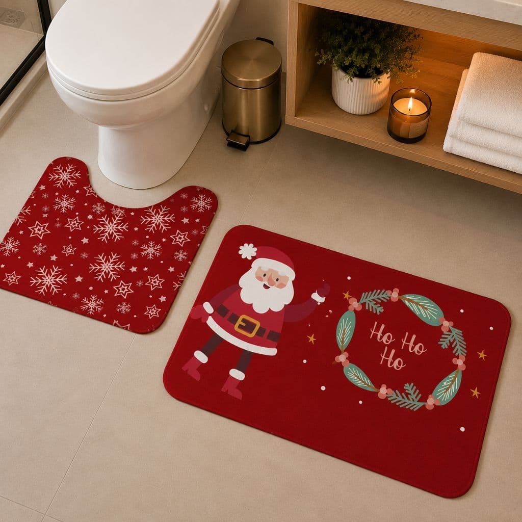 Jogo de 2 Tapetes para Banheiro Decorativos Exclusivo Natalino Antiderrapante Flocos de Neve