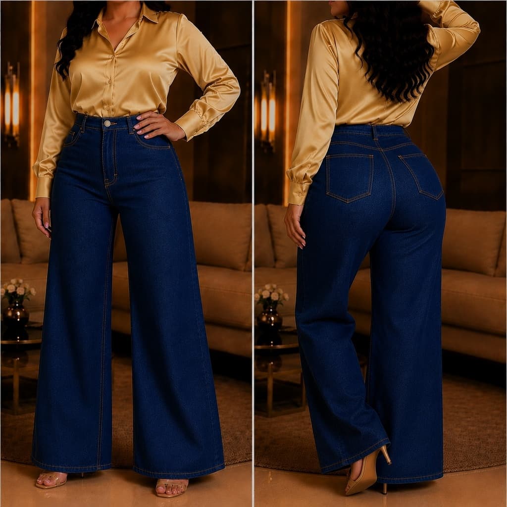 Calça  Plus Size Jeans Wide Leg Cintura Alta Moderna Pantalona Confortafel Modeladora de Shopping
