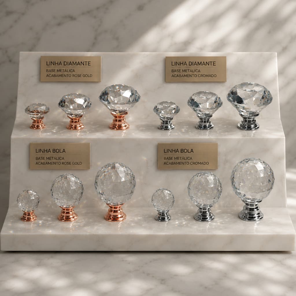 Kit 03 Puxadores 20mm Diamante/Bola Cristal Rose Gold/Cromado Gavetas Móveis Cristaleiras