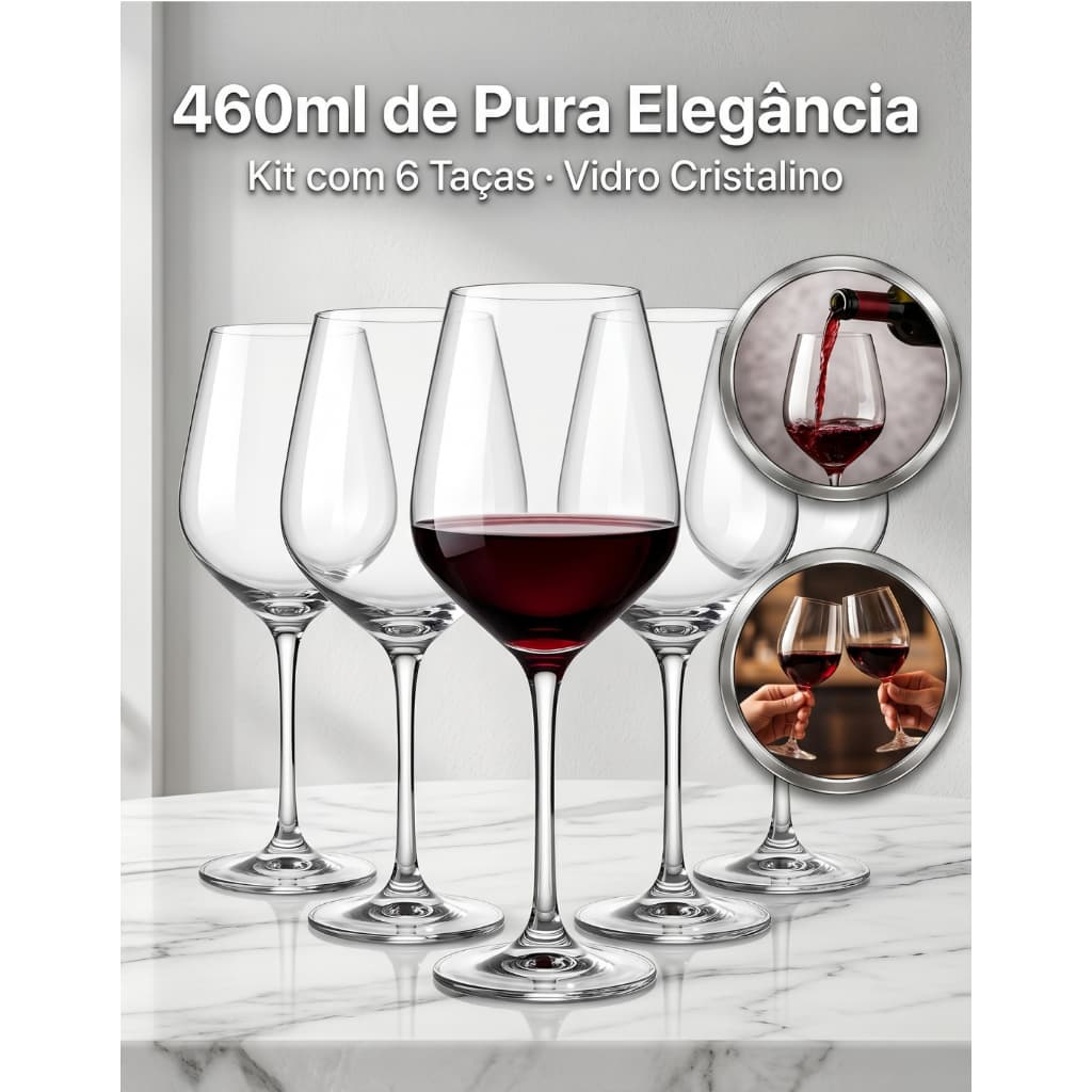 jogo de TAÇAS Para Vinhos Vidro Resistente GOURMET 460ML Ideal para Vinhos e Drinks até 6 unidades