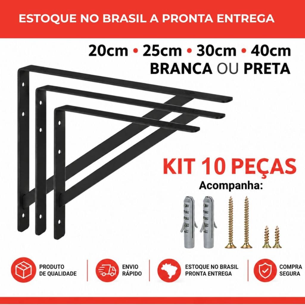 Kit Mãos Francesas 20cm 25cm 30cm 40cm Suporte De Prateleira Tampo De Mesa E Bancada + Kit de Parafusos