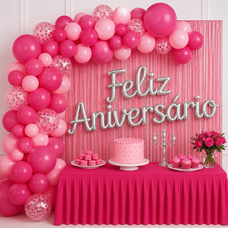 Kit 117 Peças Decoração Festa Feliz Aniversário Balões Cortina Metalizada