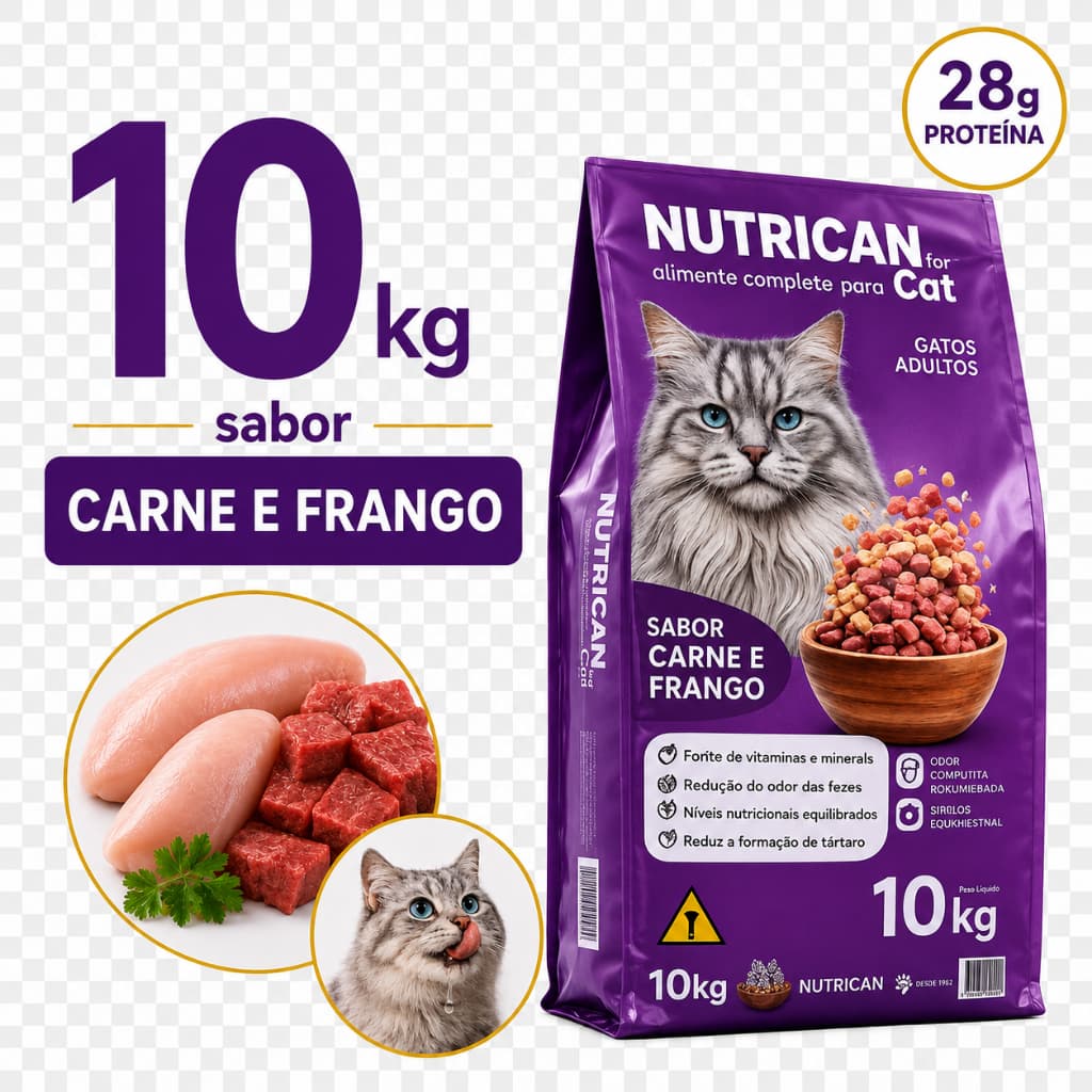 Ração para Gatos Adultos Nutrican Cat Carne e Frango 10,1kg – Alimento Premium Completo, Nutrição Balanceada, Proteínas