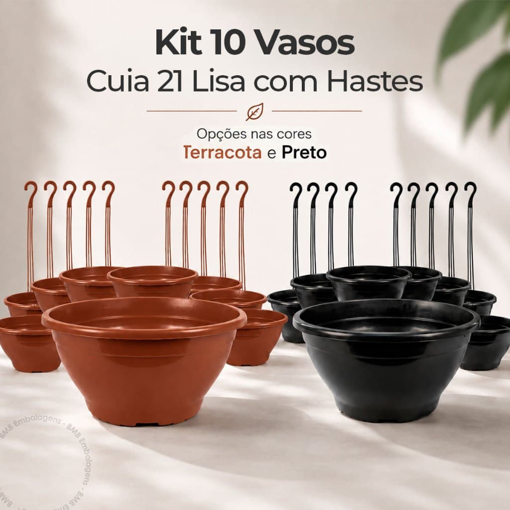 Kit 10 Vaso Cuia 21 Lisa + Haste 43cm Acabamento Qualidade Premium Resistente Pendurar Samambaia Rosa do Deserto Flor