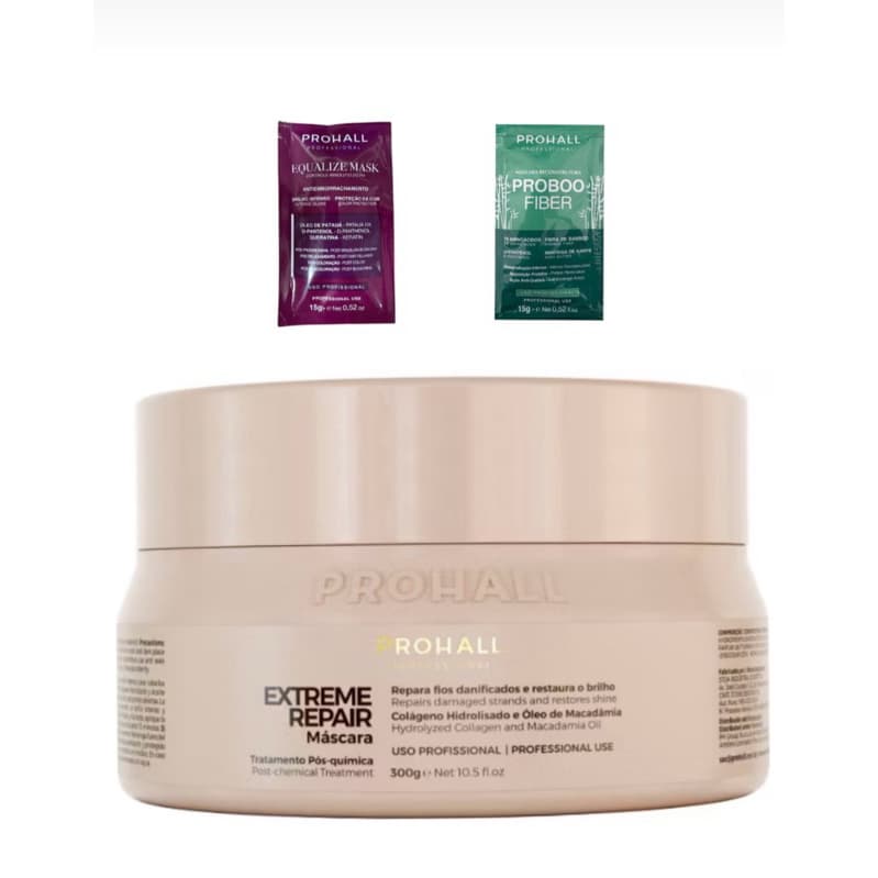 Máscara Extreme Repair Nutrição Intensa 300g Prohall + 2 Sachês de Hidratação Prohall Professional de Brinde