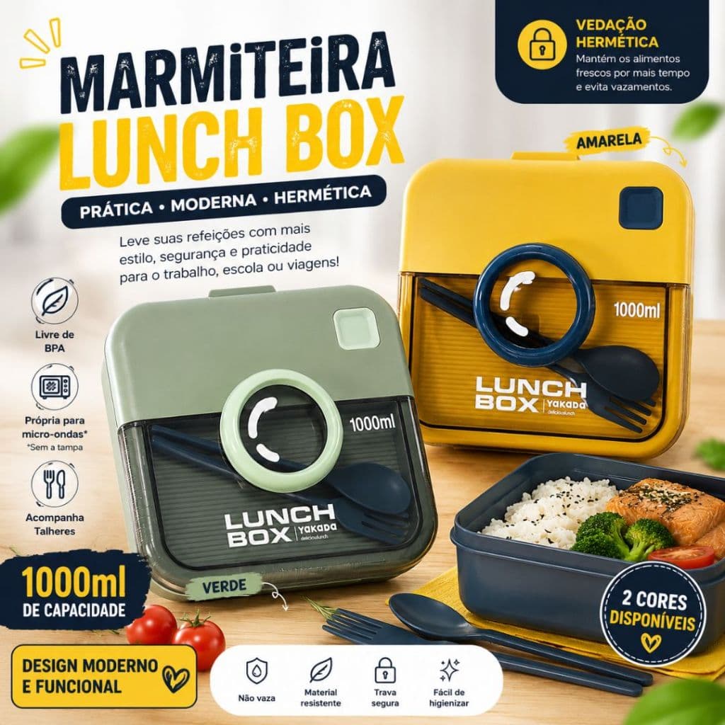 Marmita Hermética Lunch Box 1000ml Com Divisória Talheres BPA Free Porta Molho Marmiteira Reutilizável