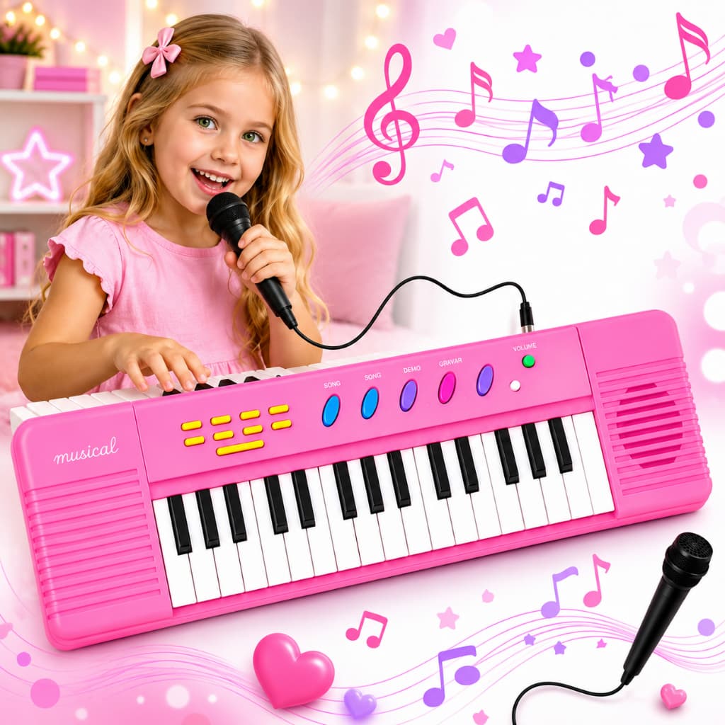 Piano Teclado Brinquedo Infantil Microfone Educativo Musical Menina Menino