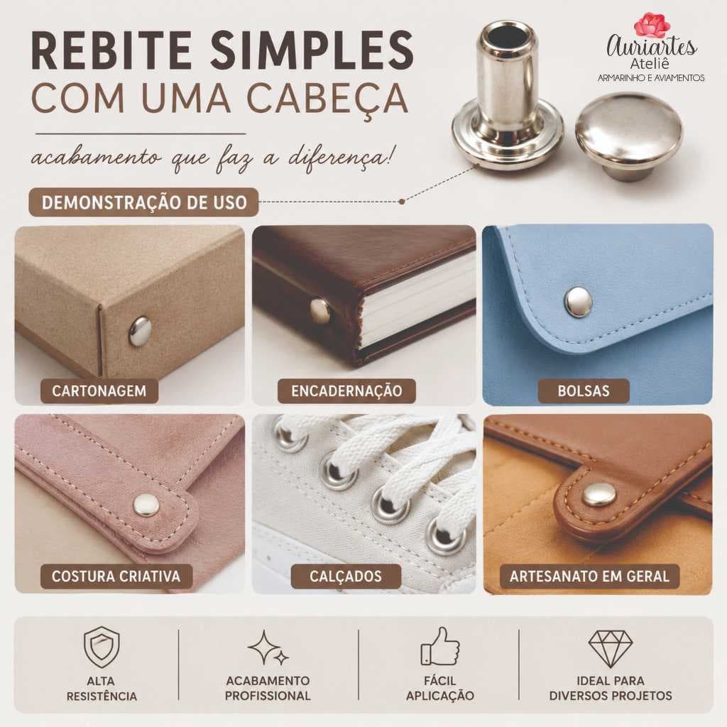Rebite Simples com 1 Cabeça Niquelado | Cartonagem | Encadernação | Costura Criativa