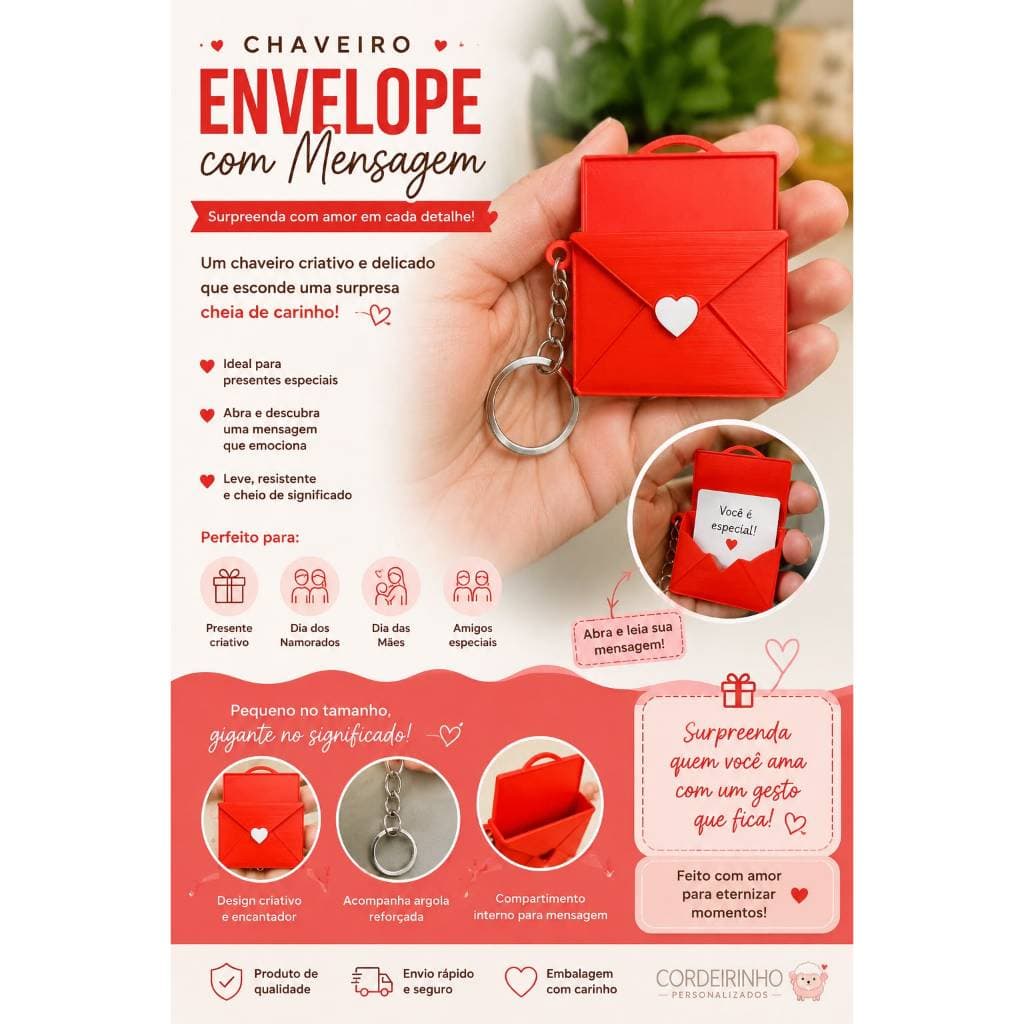 Chaveiro Envelope Personalizado com Mensagem Foto | Presente Criativo para Namorado, Namorada, Amigos e Família