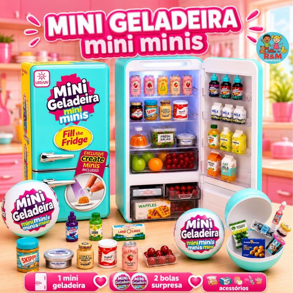 Mini Geladeira Mini Brands Brinquedo Infantil Colecionável Fill Fridge + 2 Bolinhas Supresa