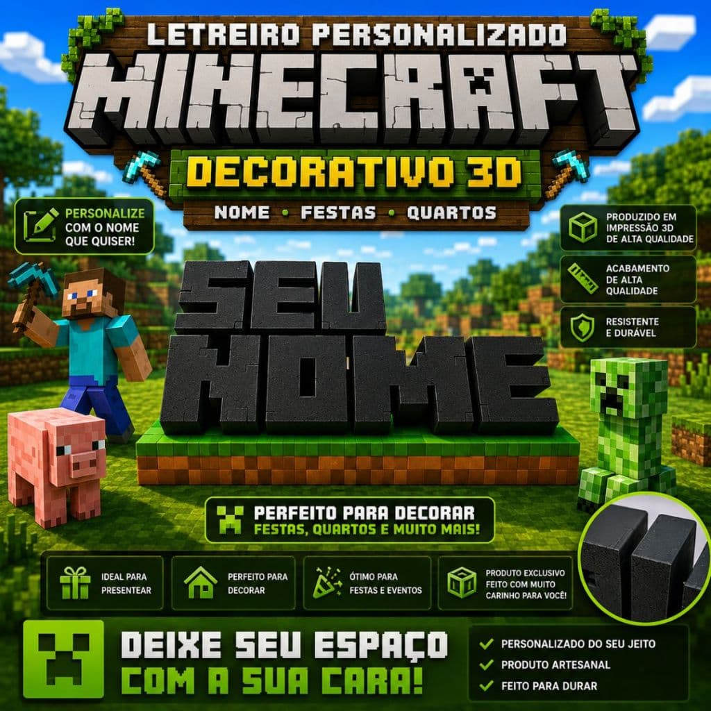 Letreiro Minecraft Personalizado 3D Nome Decorativo Quarto Festa Presente Impressão 3D Infantil