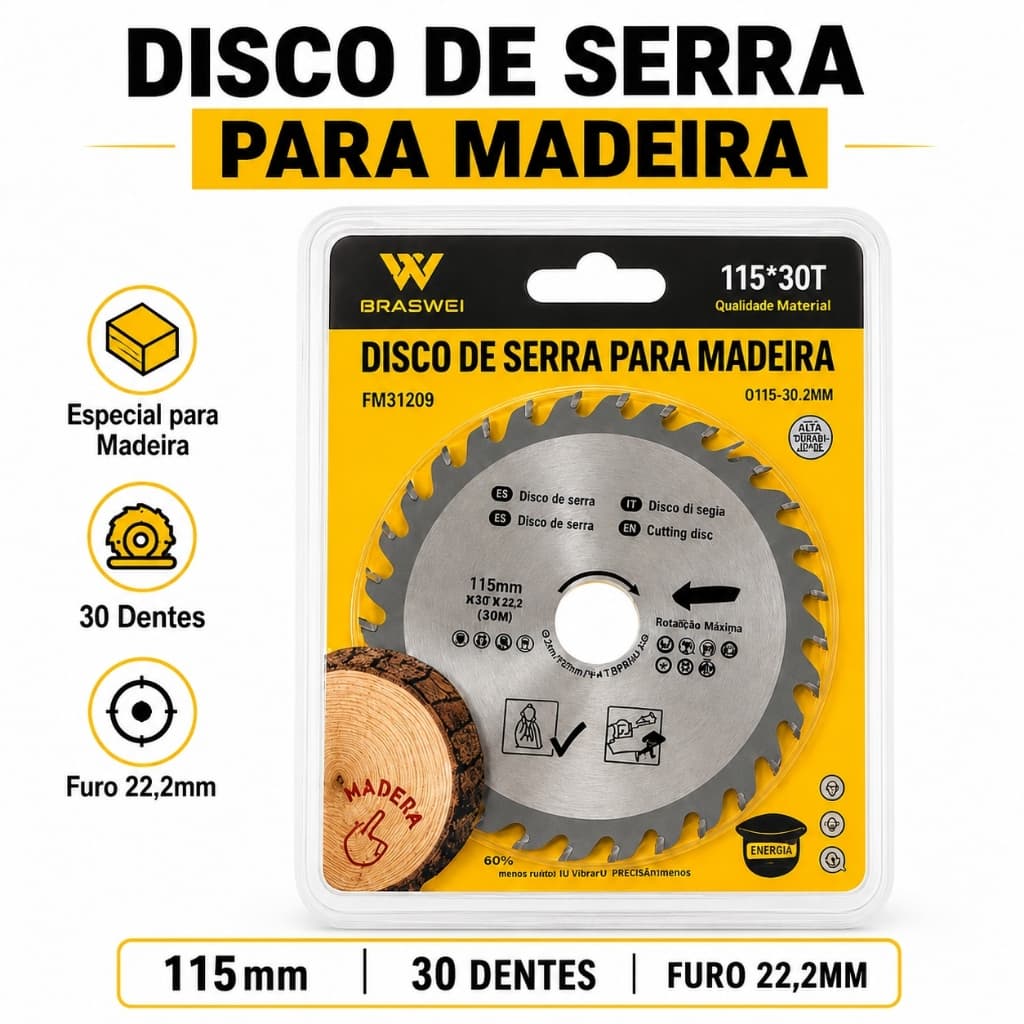 Disco de Serra para Madeira 115x22,2 mm 30 Dentes com Widia para Esmerilhadeira FM31209 BRASWEI