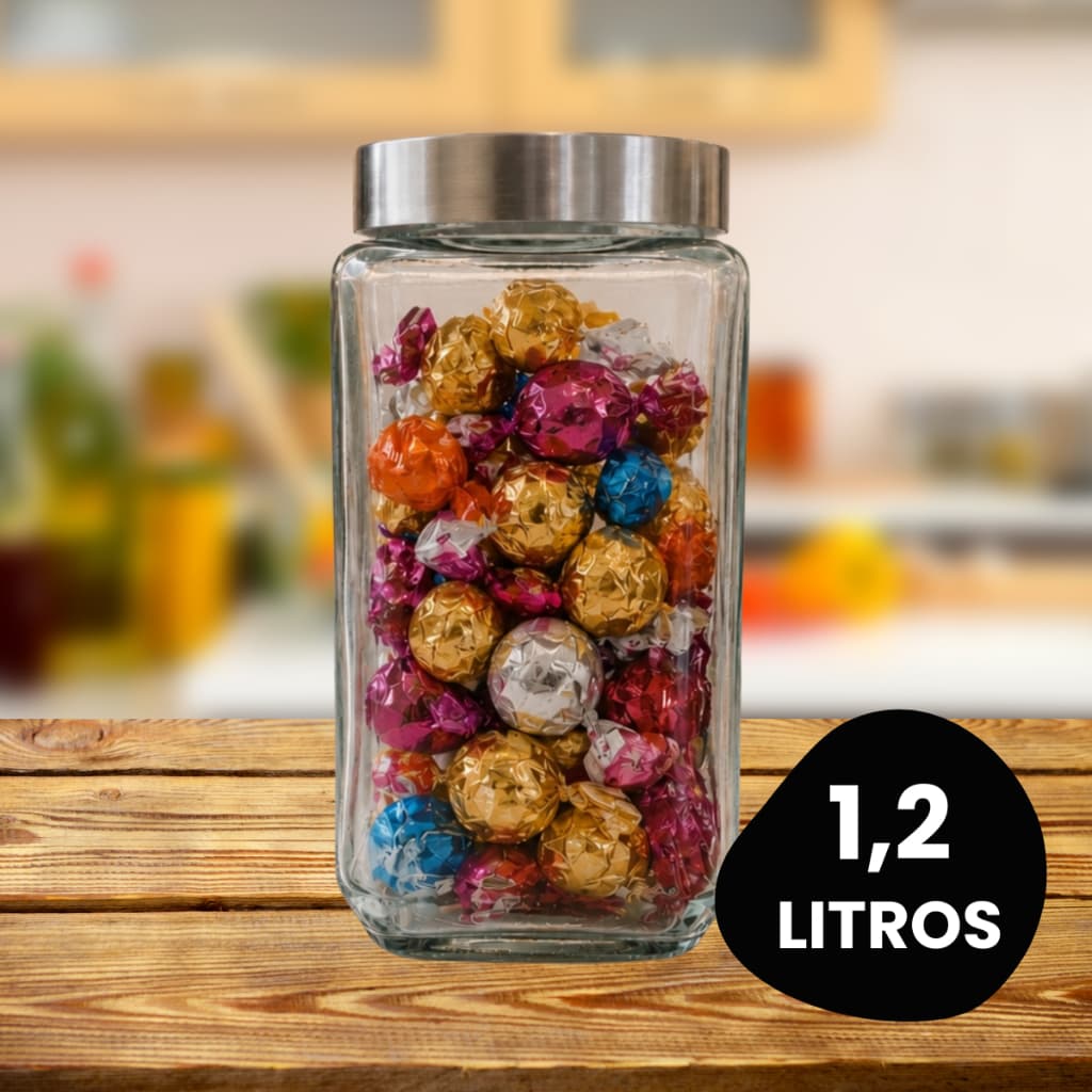 Pote De Vidro 1,2L Quadrado Com Tampa De Rosca Inox Resistente para Alimentos