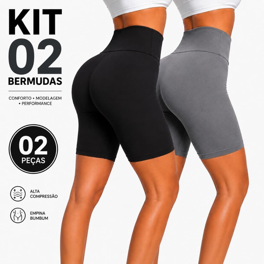 Kit 2 Bermudas Feminina Short Ciclista Suplex Academia Fitness Bermuda Cós Alto Modeladora Cos Alto