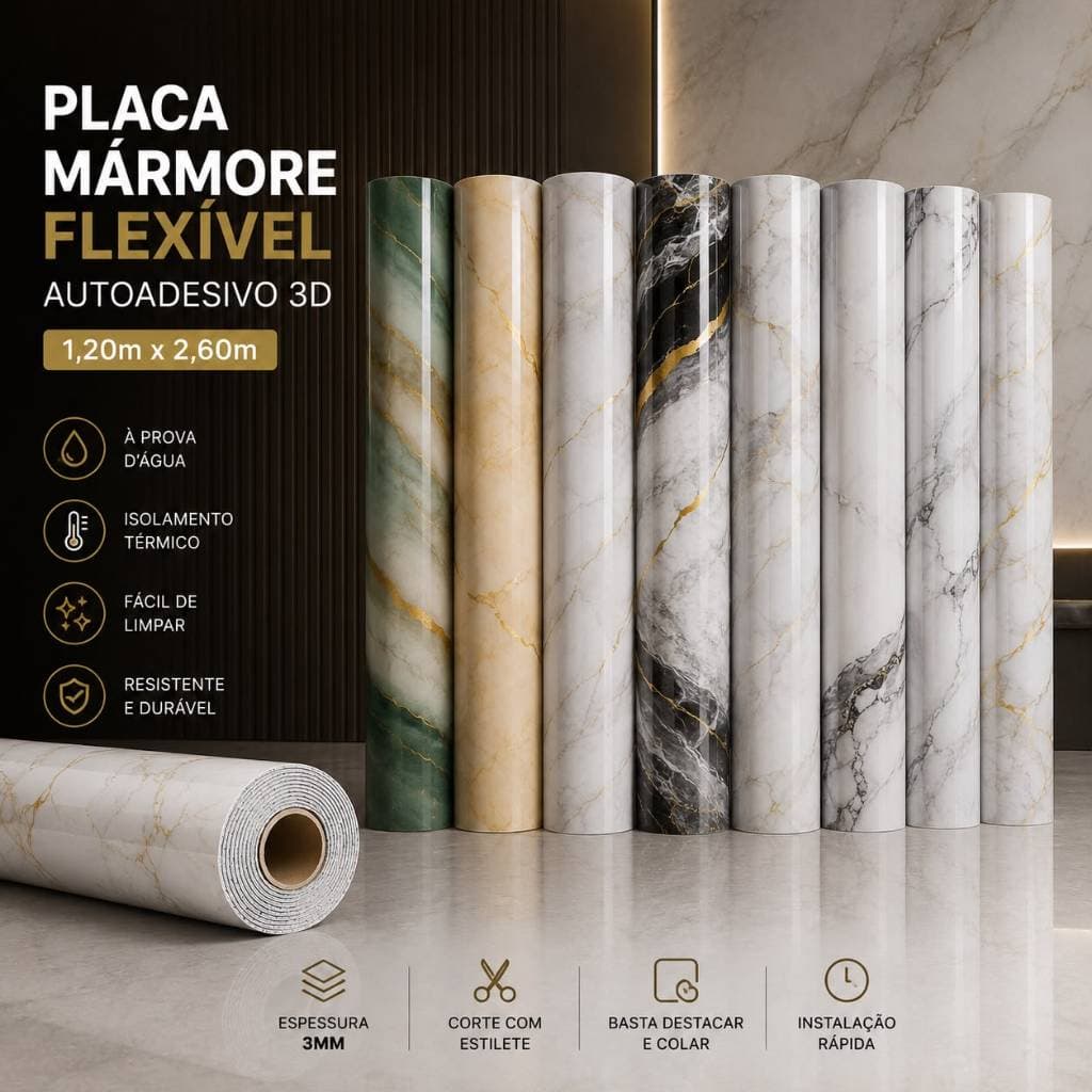 Placa Mármore Flexível Autoadesiva 3D 1,20m x 2,60m – Impermeável, Elegante e Fácil de Instalar