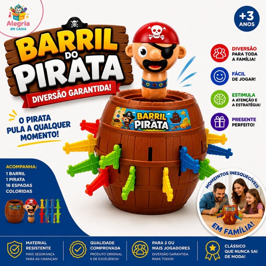 Jogo Barril do Pirata Pula Pirata Com 16 Espadas Brinquedo Infantil Divertido Família +3 Anos