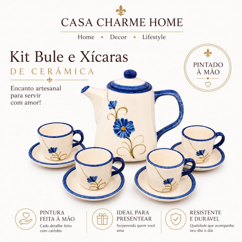 Kit Cafe Ceramica Pintado a Mao Bule 4 Xicaras com Pires Artesanal 9 Pecas