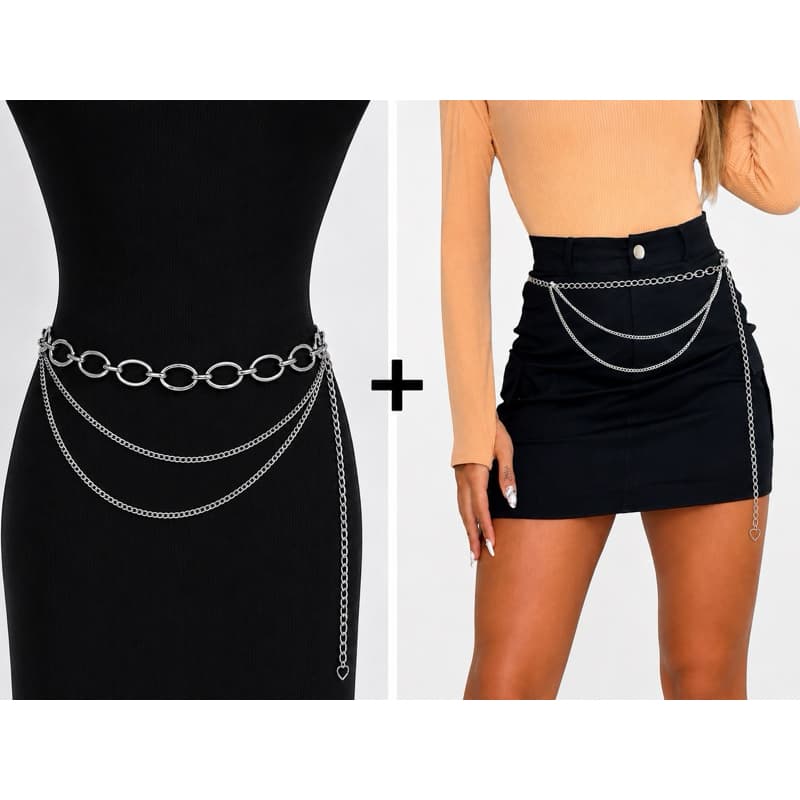 kit 2 Cinto Feminino Corrente  Adulto Tamanho Único e Plus Size  Moda Gringa Tendencia Prata ou Dourado