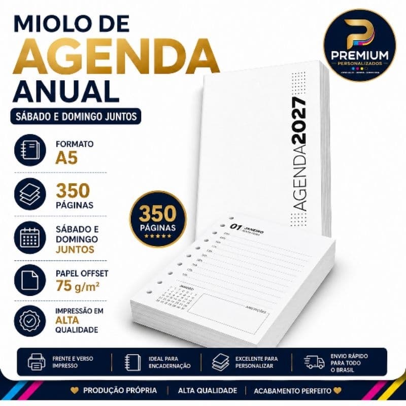 Miolo de Agenda Anual A5 2027 | 350 Páginas | kit com 05 miolos / Papel Offset 75g | Sábado e Domingo Juntos