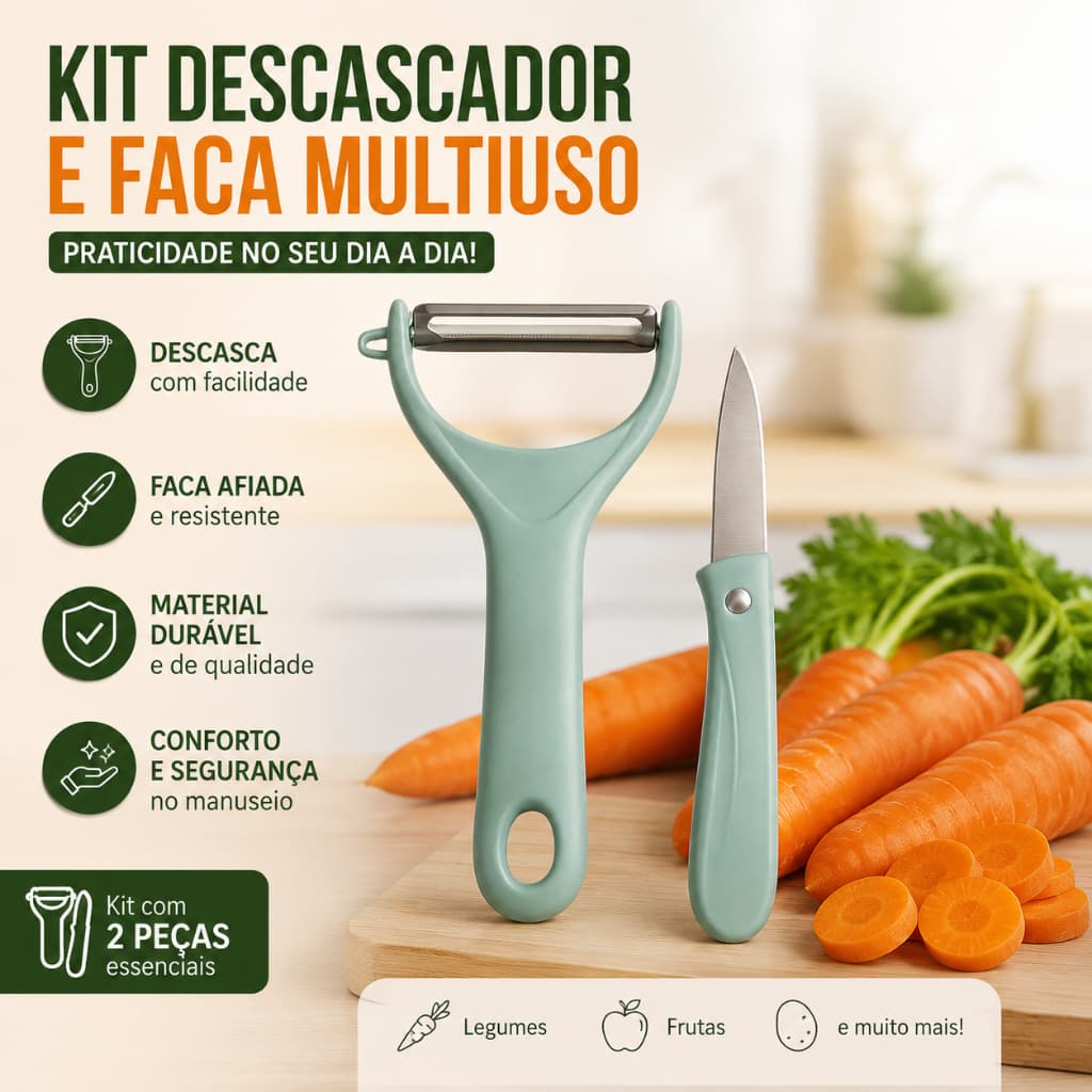 Kit Descascador de Frutas e Legumes Com Mini Faca Retrátil Inox