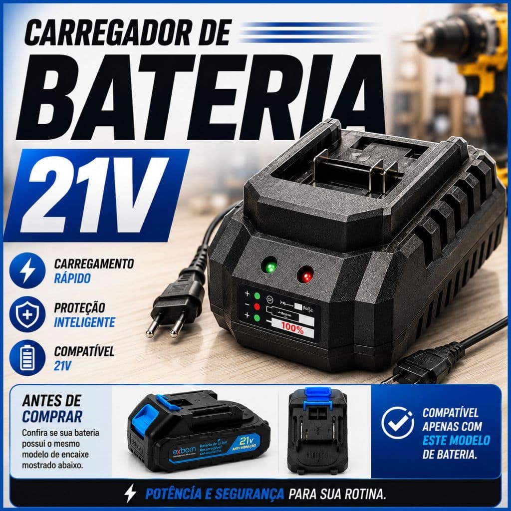 Carregador Para Bateria 21V De Parafusadeira e Furadeira Bivolt