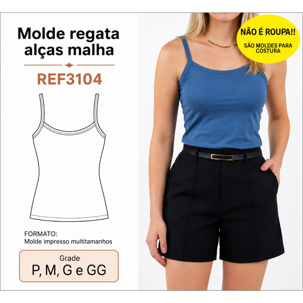 REF3104 Molde Regata Feminina de Alças para Malha Impresso Multitamanhos P, M, G e GG