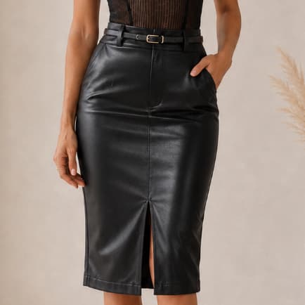 Saia Midi Couro Fake Lápis Fenda Frontal Feminino Courino Ecológico Cintura Alta Modeladora Moda