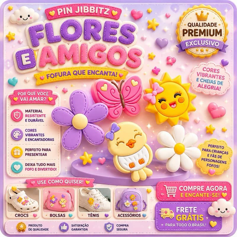 Kit 5 Charm Pin Babuche Verão Sol Borboleta Passarinho