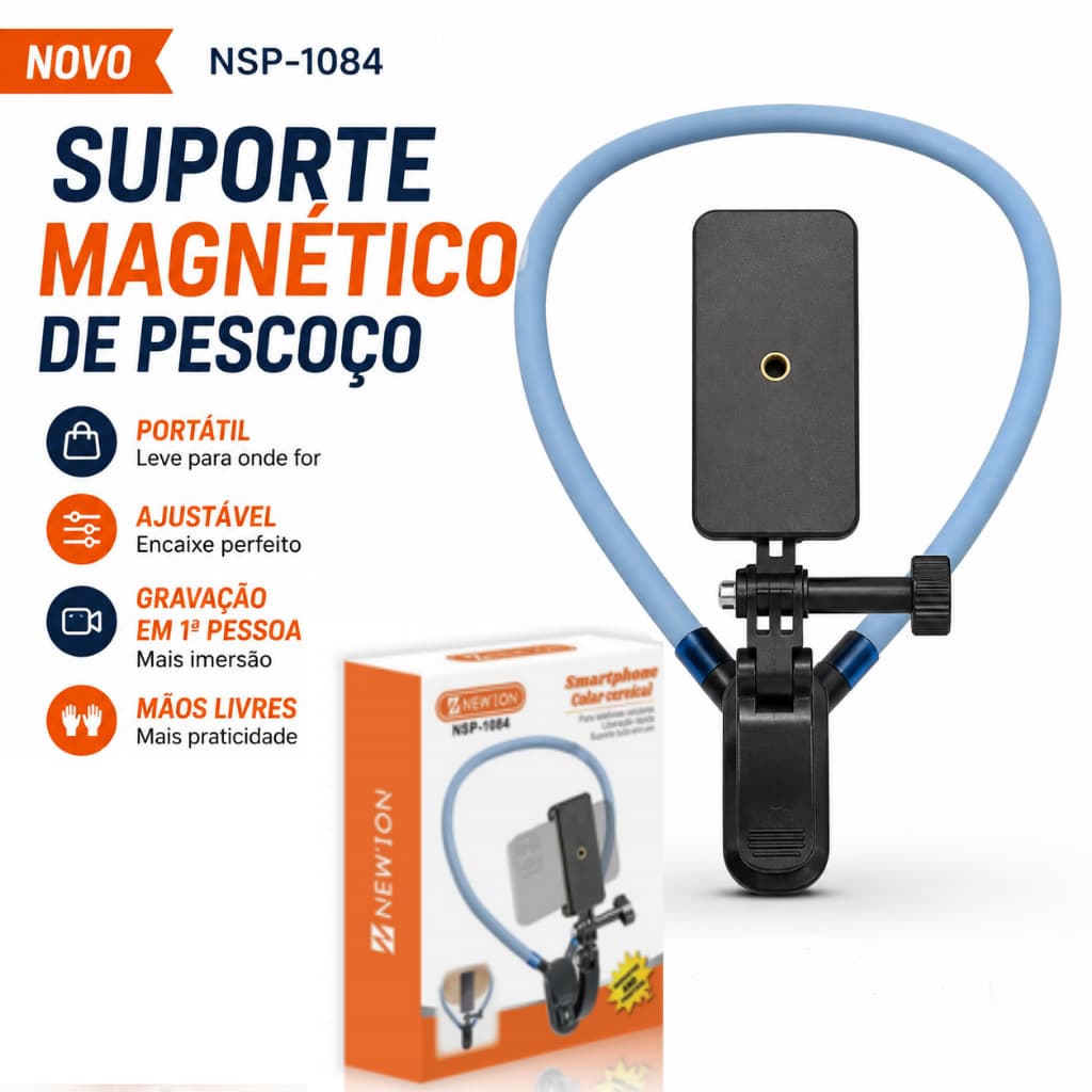 Suporte de Pescoço com Presilha Universal para Celular e GoPro, Ajustável e Antivibração para Vlog