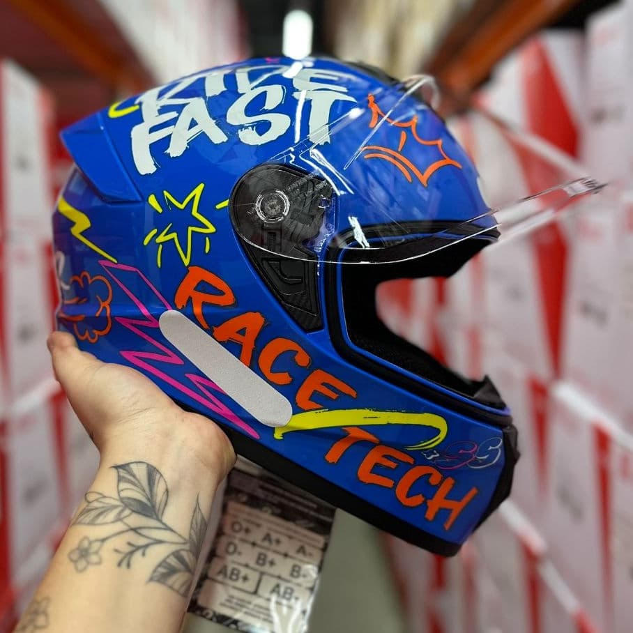 CAPACETE RACE TECH HIT FASTER ORIGINAL AZUL AMARELO STREET QUALIDADE TOP NOVO MASCULINO FEMININO